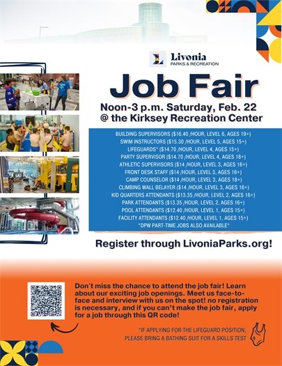 A flyer for Livonia Parks and Recreation Job Fair