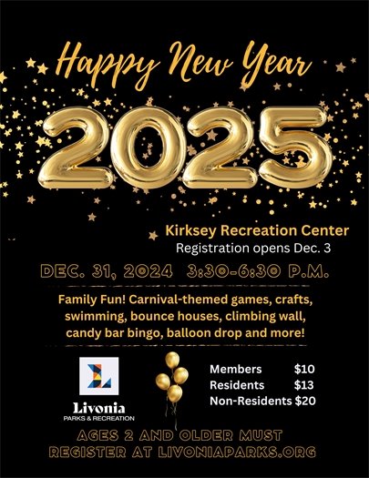 A flyer for "Livonia Parks and Recreation's 2025 New Year's Eve Party"