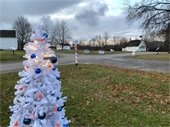 A white Holiday tree in front of vintage whitewashed buildings