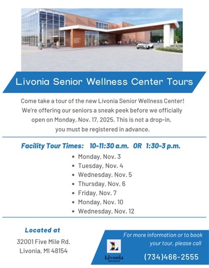 Flyer for early tours for the Livonia Senior Wellness Center