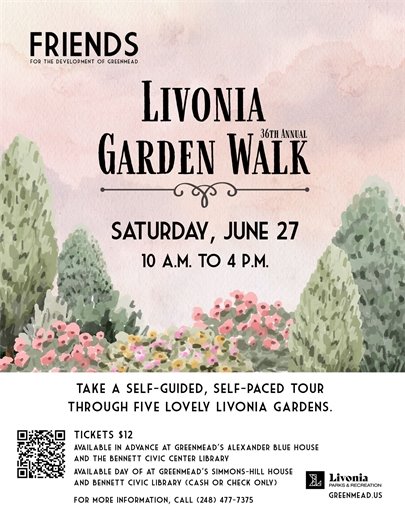 Livonia Garden Walk Flyer, green background, watercolor flowers, Saturday, June 27