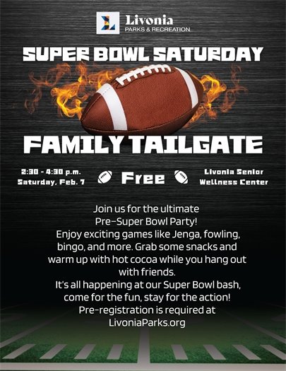 Flyer for Super Bowl Saturday Tailgate Party