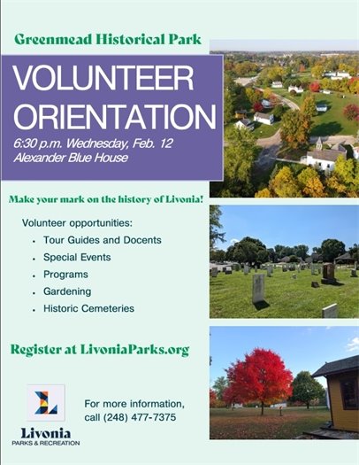 A flyer for Greenmead's new volunteer orientation on Feb. 12