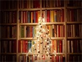 Christmas-tree-shaped lights in front of a bookshelf