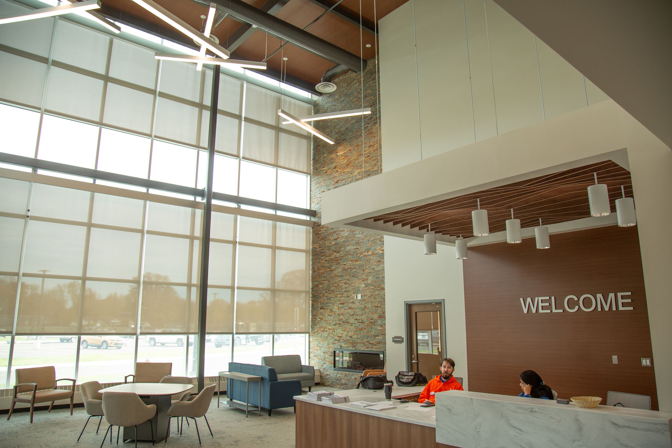 Atrium and welcome sign for the Livonia Senior Wellness Center