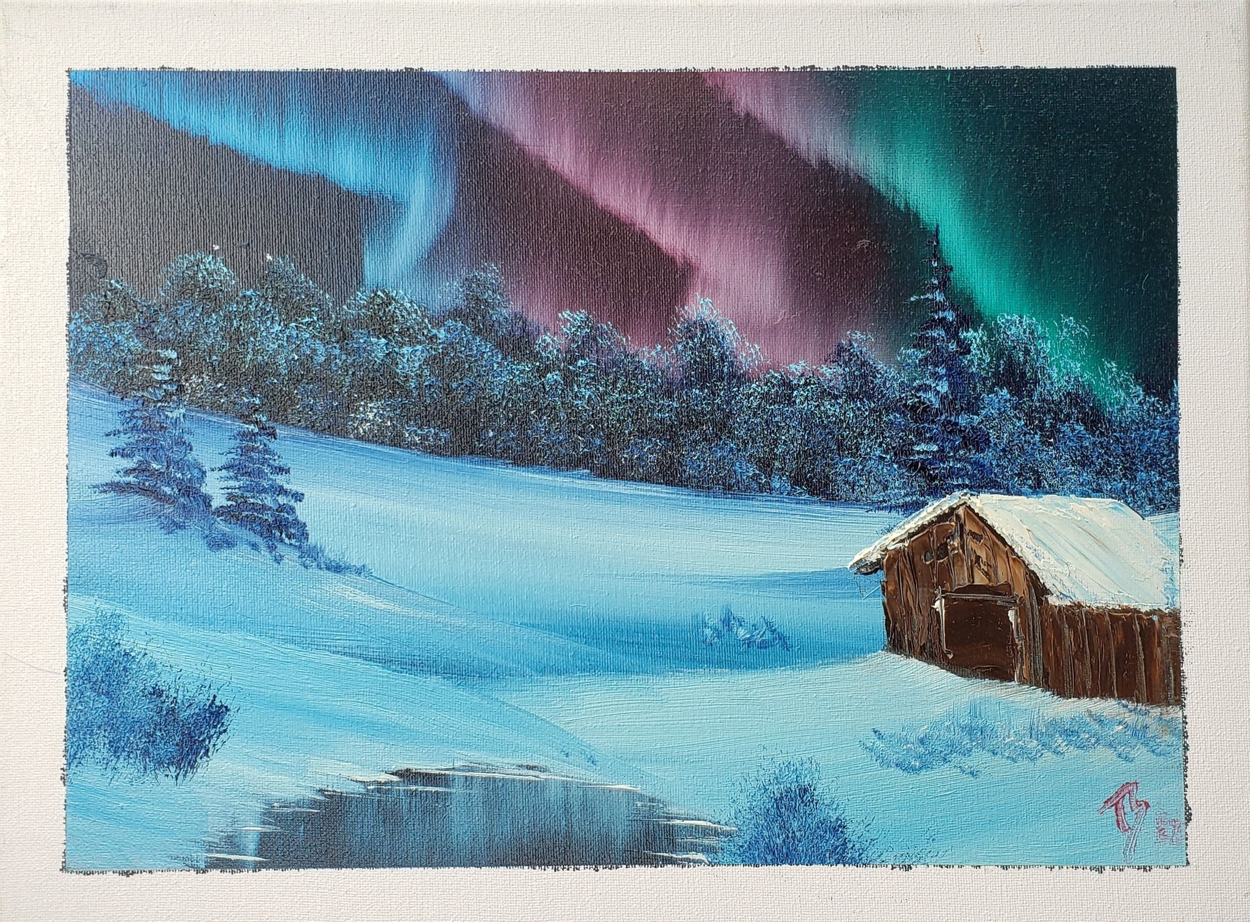 Painting of a Cabin under Aurora Borealis