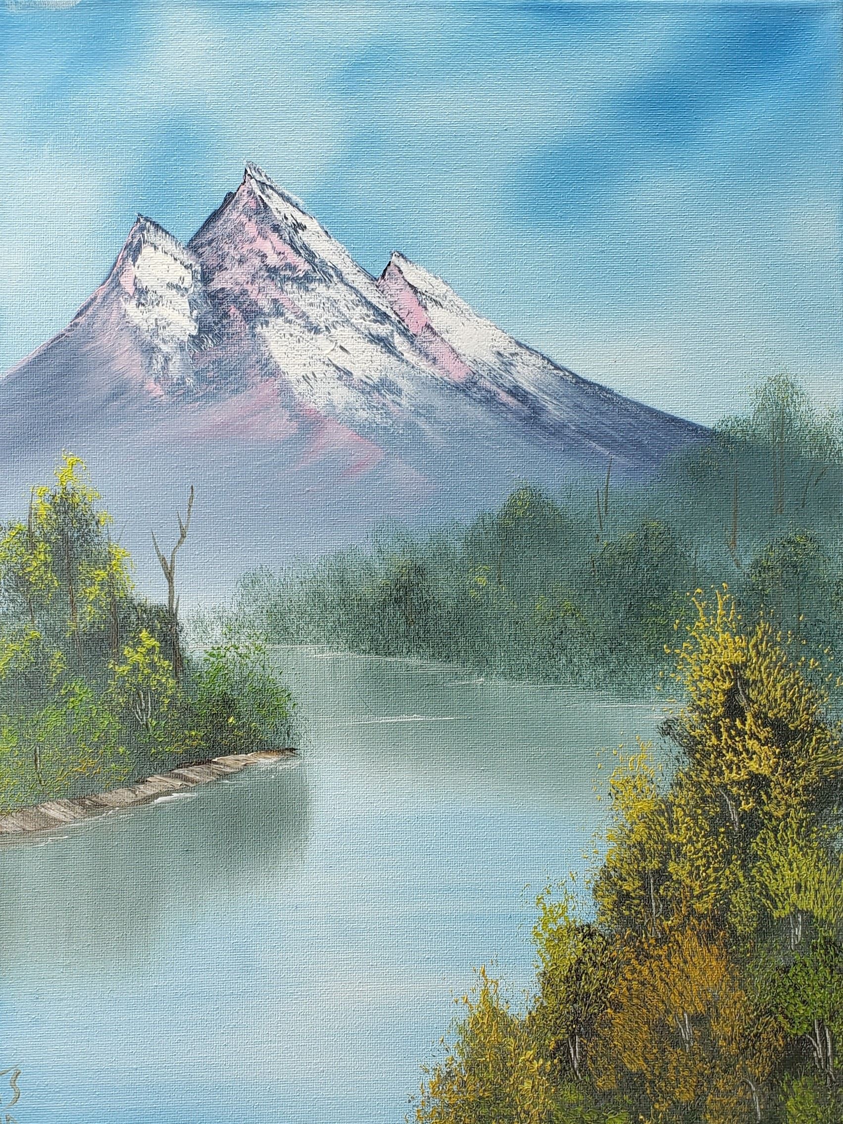 Painting of a Winding River in Front of a Large Mountain